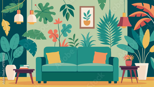 A living room with a feature wall covered in various types of plant and flower wallpaper.