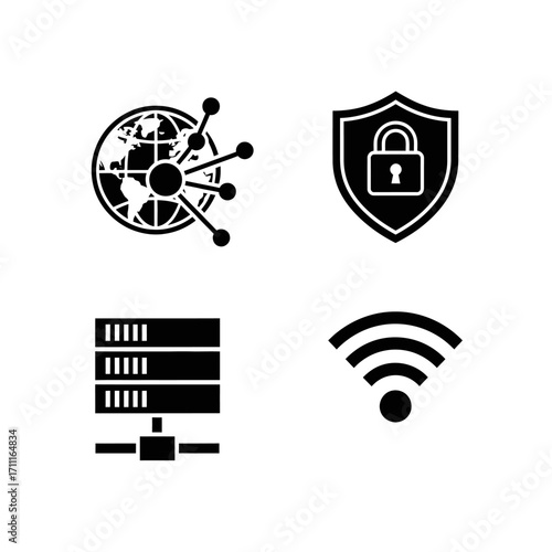 Comprehensive collection of digital technology icons depicting global network connectivity, robust data security, essential server infrastructure, and seamless wireless internet communication