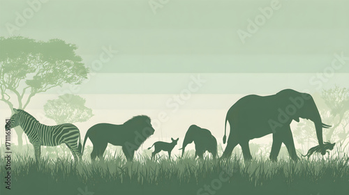 Silhouettes of various African safari animals walking in a line.