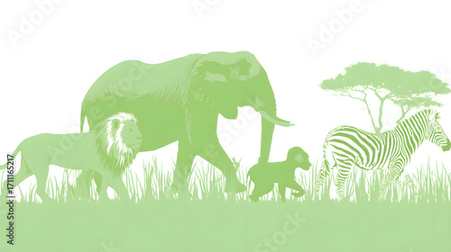 Green Silhouette of African Safari Animals Walking Together.