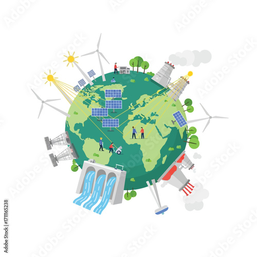 Sustainable Earth concept, showcasing global renewable energy efforts with solar, wind, and hydroelectric power, illustrating environmental protection and a future of green technology