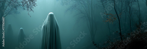 Spooky ghosts in forest photography halloween horror themed background