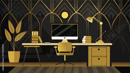 A home office with black and gold wallpaper a sleek black desk and a gold desk lamp.