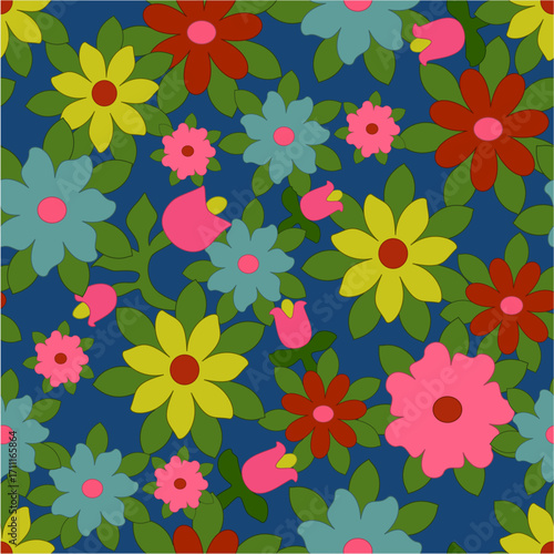 Retro 70s style, bright colors, red, pink, yellow, blue, green, garden, seamless pattern, pattern, vintage, vintage pattern, background, wallpaper, decoration, floral, boutique, flowers, bouquet