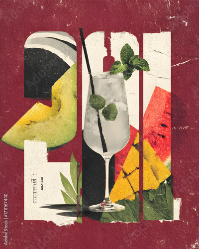 A refreshing gin and tonic cocktail with mint and lime garnished with fruit slices.