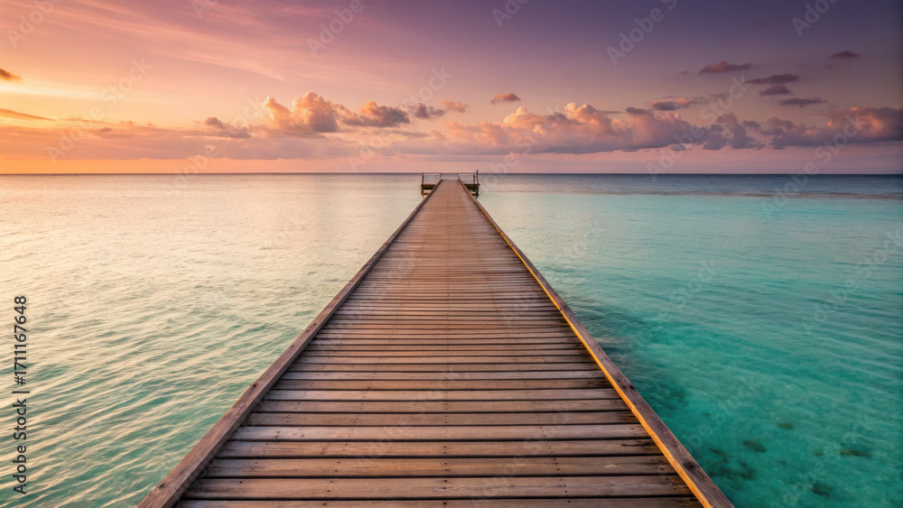 Fototapeta premium Wooden pier stretches into crystal clear ocean waters under vibrant sunset sky, creating serene and tranquil atmosphere