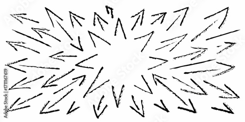 Collection of hand drawn black arrows pointing inward and outward on white background