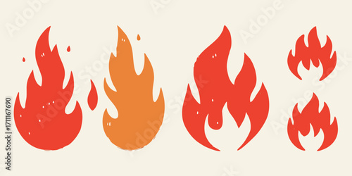 Collection of stylized hand drawn fire flames in red and orange colors on a light background