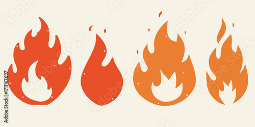 Set of stylized cartoon flames in various sizes and shades of orange and red