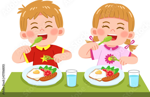 Children Eating Breakfast Together 