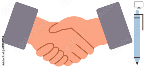Two hands shaking signify trust and partnership, accompanied by a pen symbolizing contracts or agreements. Ideal for collaboration, trust, business, partnership, negotiation, deal closure, teamwork