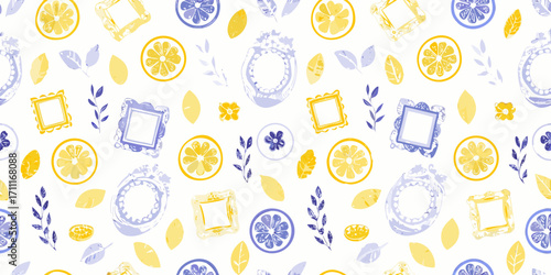 Whimsical pattern of yellow lemon slices and purple floral frames with leaves