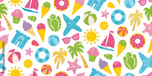 Vibrant summer beach pattern featuring tropical elements and treats