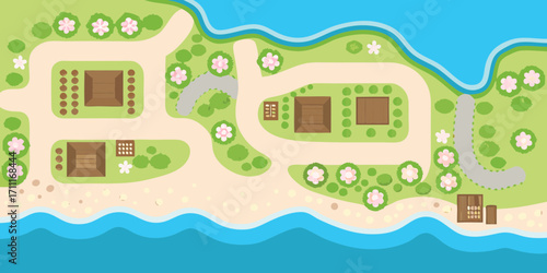 Charming cartoon aerial view of a seaside village with houses paths flowers and water