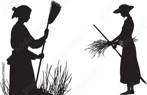Silhouette vector art of women working with broom and grass in black and white art