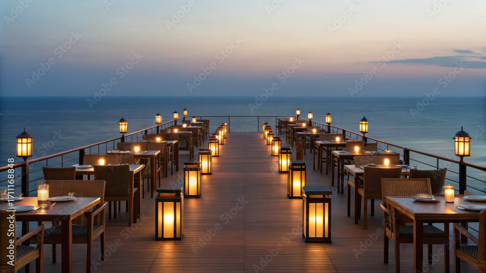 Obraz premium Seaside cliff restaurant tables lit by lanterns at sunset, creating romantic and serene atmosphere overlooking ocean