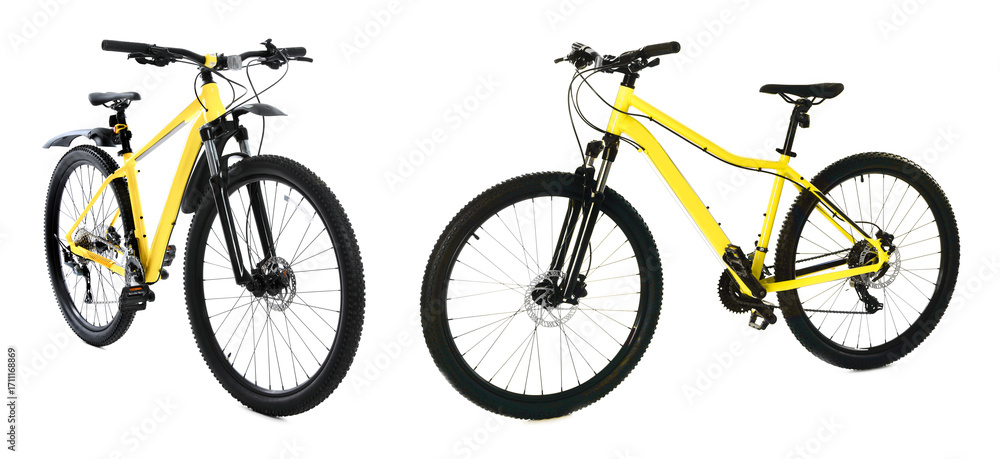 Fototapeta premium Modern yellow bicycle isolated on white, collage