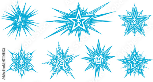 Deformed Stars, Y2K Bling, Abstract Sharp Lines, Spikes, and Cybersigilism – Retro-Futuristic Tribal Cosmos Collage with Distorted Stars and Rave Burst Elements - Vector Graphic Set