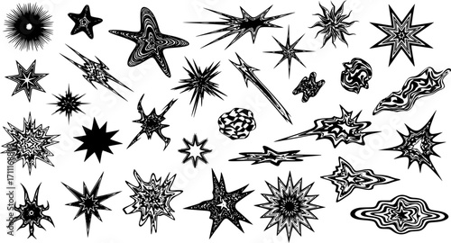 Deformed Stars, Y2K Bling, Abstract Sharp Lines, Spikes, and Cybersigilism – Retro-Futuristic Tribal Cosmos Collage with Distorted Stars and Rave Burst Elements - Vector Graphic Set