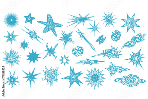 Deformed Stars, Y2K Bling, Abstract Sharp Lines, Spikes, and Cybersigilism – Retro-Futuristic Tribal Cosmos Collage with Distorted Stars and Rave Burst Elements - Vector Graphic Set
