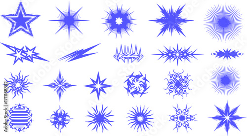 Deformed Stars, Y2K Bling, Abstract Sharp Lines, Spikes, and Cybersigilism – Retro-Futuristic Tribal Cosmos Collage with Distorted Stars and Rave Burst Elements - Vector Graphic Set