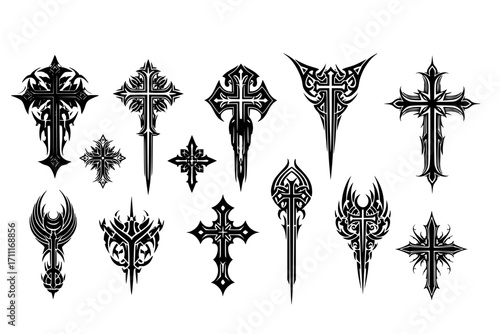 Cybersigilism Legacy - Neo Tribal Patterns in Various Styles: Gothic Tattoo, 3D Digital Art, Silhouette, Flat Designs - Vector Illustration