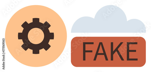 Gear inside a circle with a cloud and bold FAKE text. Ideal for technology, fraud detection, AI, misinformation, automation, data integrity, cybersecurity. A simple flat metaphor