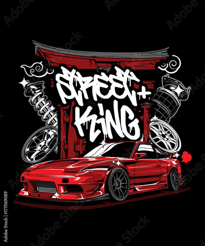 Red Sports Car Illustration with Street King Graffiti and Custom Wheels.