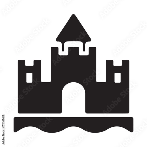 Simple black silhouette of a classic sandcastle with crenellations and a central arched gateway on a wavy base