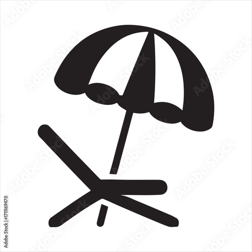 Simple black and white illustration of a lounge chair and umbrella on a white background representing vacation and relaxation