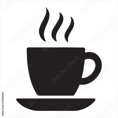 Simple black silhouette of a steaming hot cup of coffee or tea on a saucer