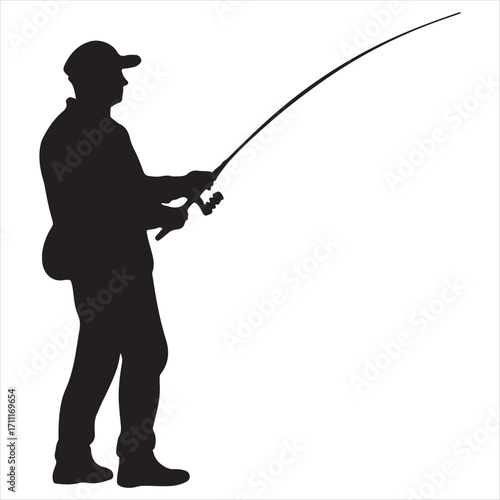 Silhouette of a man wearing a cap and fishing rod casting a line on a white background