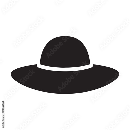 Simple black silhouette of a wide brimmed sun hat with a white band
