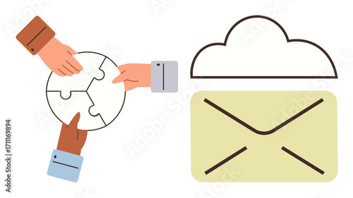 Three hands assembling puzzle pieces symbolizing teamwork, next to a cloud and envelope for online communication. Ideal for collaboration, communication, team building, cloud storage, email