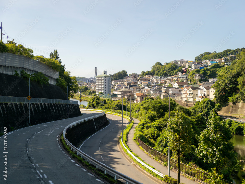 Obraz premium 猪名川の渓谷を通るバイパス道路と住宅密集地の風景