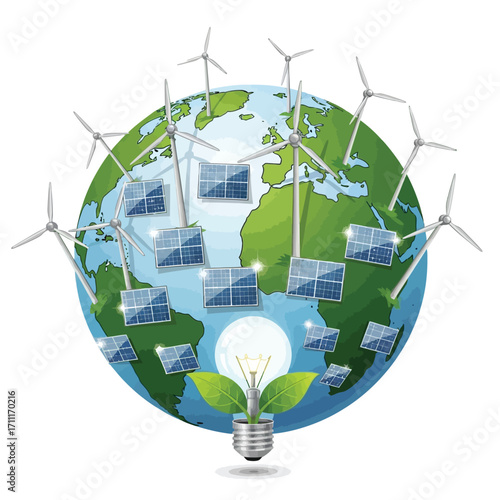 Planet Earth with wind turbines and solar panels, representing sustainable, clean energy generation and global ecological responsibility for a greener future