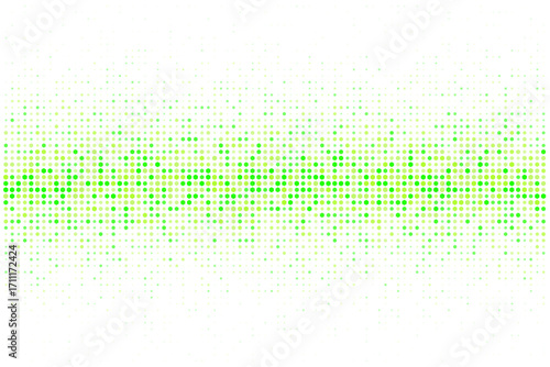Vibrant green and yellow pixelated light display forming a dynamic sound wave visualization on a black backdrop, representing digital technology and audio concepts.
