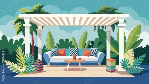 An outdoor patio with a white pergola and modern wicker furniture featuring bright patterned cushions and hanging tropical plants.
