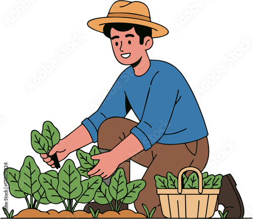 Joyful man harvesting fresh organic greens from his lush garden, cultivating healthy produce and embracing a sustainable, natural lifestyle, promoting wellness and homegrown food