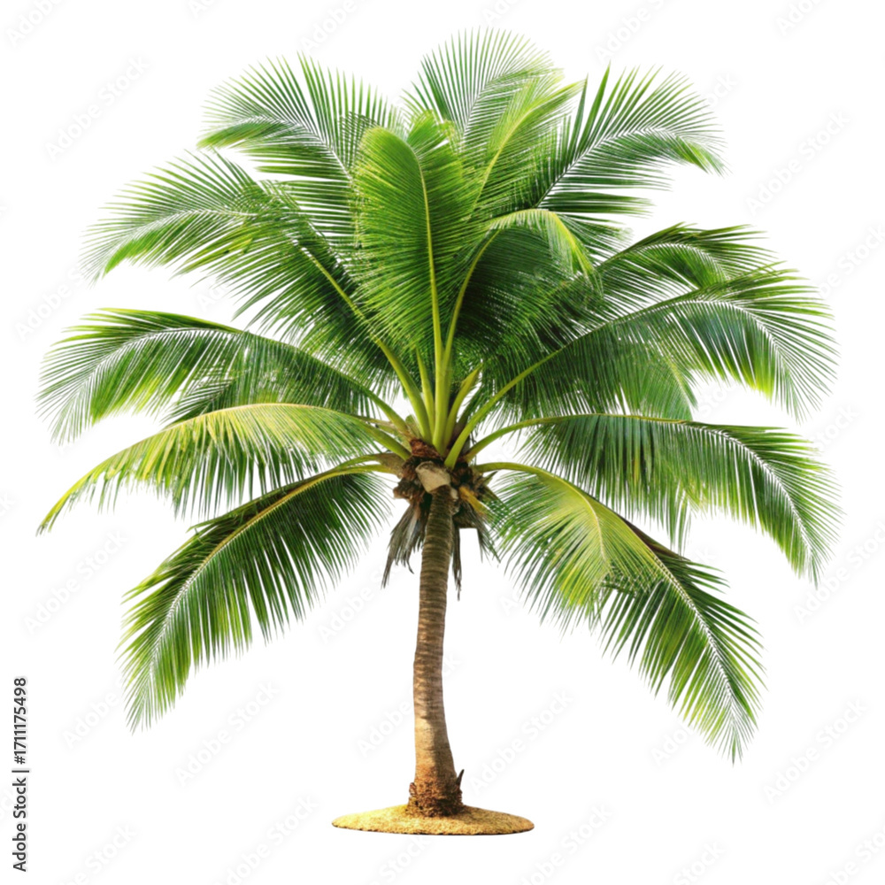 Fototapeta premium Isolated vibrant green coconut palm tree against a stark black background