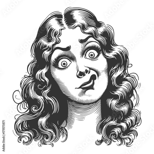 woman with curly hair, wide eyes, and tongue sticking out in a playful silly expression sketch engraving generative ai fictional character vector illustration. Scratch board. Black and white image.