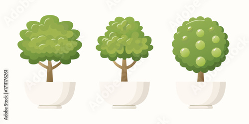 Three stylized green trees in white pots with different leaf and fruit styles