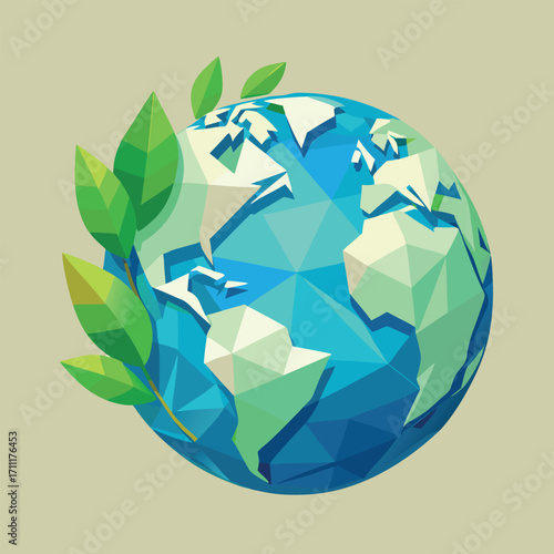 Earth with green leaves and light background planet