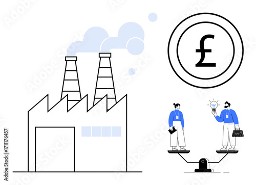 Factory smoke stacks, large pound currency icon, and balanced scale with male and female workers holding business items. Ideal for economy, industry, equality, innovation, energy, business teamwork