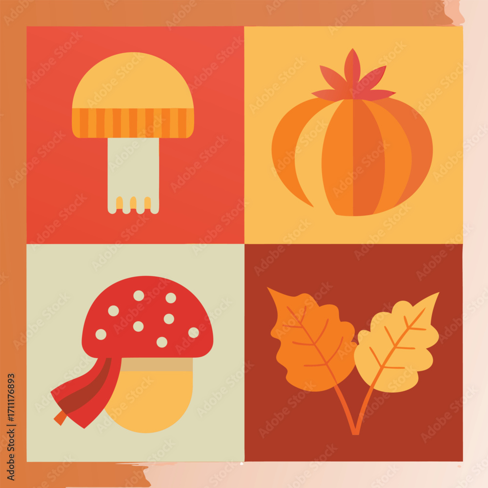 Fototapeta premium Fall Season Icons Mushroom Pumpkin Leaves autumn nature