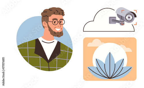 Smiling man in glasses, cloud-linked security camera, and geometric lotus design. Ideal for identity, mindfulness, wellness, security, surveillance technology minimalism. Simple flat metaphor