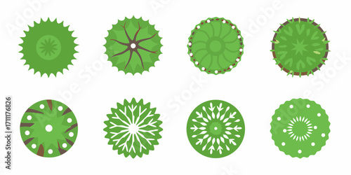 Collection of eight stylized top down views of various green trees and plants