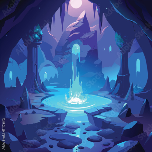 Ethereal blue waterfall in a fantasy cave glowing light