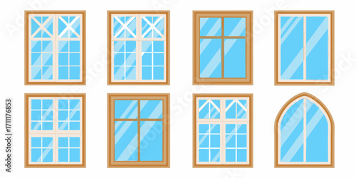 Collection of diverse window styles with wooden frames and blue glass panes
