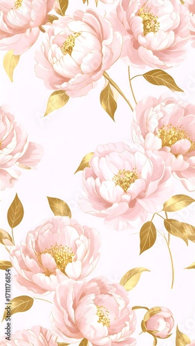 Delicate, pastel pink peonies with gold accents on a white background